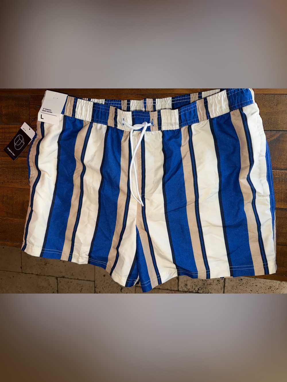 Target Men's Blue, White & Tan Vertical Stripe Swim Trunks